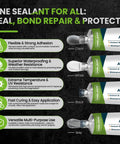 Image showing clear, white, black, and grey tubes of All Purpose Silicone Adhesive Sealant, RTV Waterproof Caulk With Ultra Flex And Strong Grip.