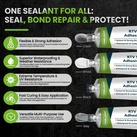 Image showing clear, white, black, and grey tubes of All Purpose Silicone Adhesive Sealant, RTV Waterproof Caulk With Ultra Flex And Strong Grip.
