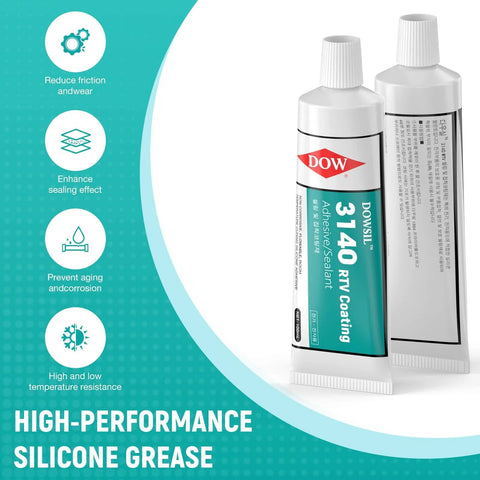 Two tubes of DOWSIL 3140 RTV coating labeled as high-performance silicone grease next to product features and benefits.
