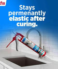 Gray RTV Silicone Caulk 2 Pack 100E Waterproof Sealant for kitchen sink application, shown in a tube with applicator gun, no discoloration.