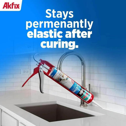 Gray RTV Silicone Caulk 2 Pack 100E Waterproof Sealant for kitchen sink application, shown in a tube with applicator gun, no discoloration.