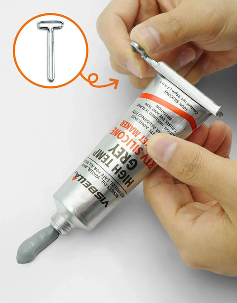 Hands opening 3.5 oz Gray Gasket Maker RTV Silicone Sealant for Oil and Coolants, sensor-safe and non-corrosive