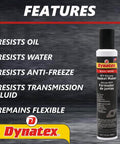 Image of a Dynatex product label reading Low-Volatile RTV Silicone Gasket Maker For Automotive, Instant Leak-Proof Sealant, Resists Oil and more.