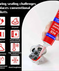 340G RTV Silicone Gasket Maker Red Sealant for High Temperature Gaskets being applied to engine part, shown with benefits icons.