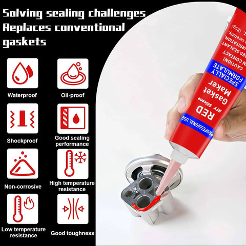 340G RTV Silicone Gasket Maker Red Sealant for High Temperature Gaskets being applied to engine part, shown with benefits icons.