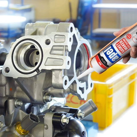 Applying Heavy Duty High Temp RTV Silicone Gasket Maker And Sealant For Auto And Machinery That Handles Serious Heat From 104 Degrees Fahrenheit To 572 Degrees Fahrenheit Red 10.2 Oz Gasket Sealing Adhesive For Engines And Exhaust to engine block