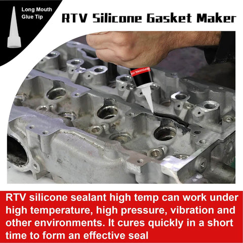 Application of 170g RTV Silicone Gasket Maker Black Sealant on engine component, for high temperature auto engines and transmissions.