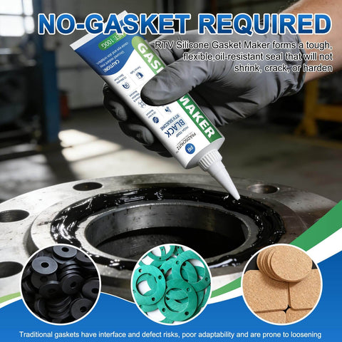 High Temperature Black Gasket Maker Sealant For Automotive, Marine And Industrial Uses, Oil Resistant And Waterproof RTV Silicone Sealant That Binds Tight And Tough As Nails In A 100g 3.5oz Tube applied on metal gasket