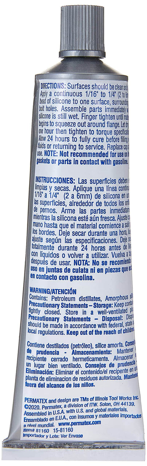 Back view of 3 oz tube of High-Temp Red RTV Silicone Gasket Maker with instructions, heavy-duty sealant for replacing cut gaskets.