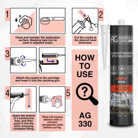 Instructions and tube of High Temp RTV Silicone Gasket Maker And Sealant 10.5 Fl Oz Red Heat Resistant From 104 F To 572 F Tough Auto And Machinery Gasket Sealer For Engine Radiator Exhaust And Vehicle Seals 1 Pack