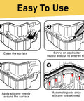 Instructions for using Black RTV Silicone Sealant Gasket Maker For Automotive, showing application process on engine oil pan.