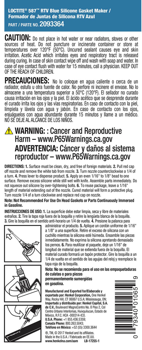 Instructions and warnings for Loctite RTV Silicone Gasket Maker, product label detailing High Temp RTV Silicone Gasket Maker And Flange Sealant For Cars And Auto Projects, Garage Grade Metal Safe Sealant In Metallic Blue, 190 mL Power Can, Delivers Strong Bond Under Movement And Resists Cracking And Migration.