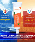 Go-To All-Purpose Silicone Sealant Adhesive For Kitchen Bathroom Window And Door Sealing Waterproof Flexible Bond Shrink Crack Resistant Clear 3.4 Fl Oz shown with temperature resistance highlights.