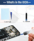 Applying Go To RTV Silicone Adhesive Glue For Phone Screen Replacement And Repair, with included tools, on a phone's open back cover