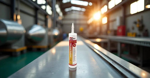 Hi-Temp 100 Percent RTV Silicone Sealant For High Temp Plumbing, 10.1 Oz Cartridge on metal surface in industrial setting
