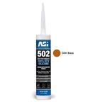 Front view of a bronze-colored ASI 502 High Performance 100% RTV silicone sealant tube with application instructions on label.