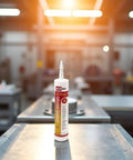 Hi-Temp 100 Percent RTV Silicone Sealant For High Temp Plumbing, 10.1 Oz Cartridge on table in industrial setting