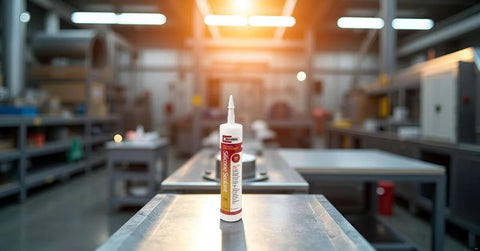 Hi-Temp 100 Percent RTV Silicone Sealant For High Temp Plumbing, 10.1 Oz Cartridge on table in industrial setting
