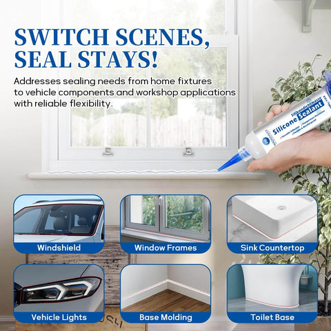 Clear RTV Silicone Sealant For High Temperature And Waterproof Seals Flexible All Purpose Caulk For Home Auto And Crafts No Leak Guarantee Ideal For Kitchens Bathrooms Showers Windows Glass Ceramic Plastic 30ml in use on window frame and various surfaces.