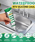 Hand holding Go To RTV Silicone Sealant For Any Job Waterproof Flexible Caulk near a kitchen sink for crack resistance.