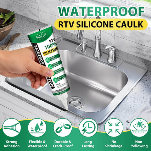 Hand holding Go To RTV Silicone Sealant For Any Job Waterproof Flexible Caulk near a kitchen sink for crack resistance.