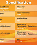 Specifications chart for Heavy Duty High Temperature RTV Silicone Sealant For Wood Stove Doors Withstand Up To 850F Non Toxic Low VOC.