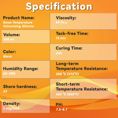 Specifications chart for Heavy Duty High Temperature RTV Silicone Sealant For Wood Stove Doors Withstand Up To 850F Non Toxic Low VOC.