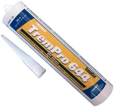 Close-up of RTV silicone caulk tube with nozzle, labeled 'TremPro 644', 300ml cartridge for RV repairs.
