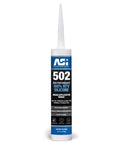 Silicone sealant tube labeled ASI 502, high performance, 100% RTV silicone, with application details. White nozzle attached.