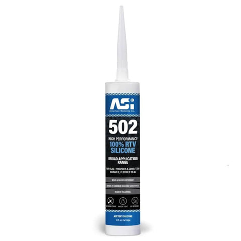 Silicone sealant tube labeled ASI 502, high performance, 100% RTV silicone, with application details. White nozzle attached.
