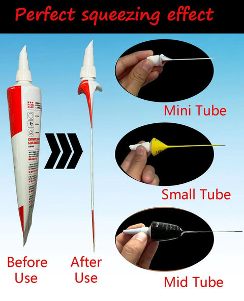 Industrial 2.5 Inch RTV Silicone Squeezer Tool demonstrated on various tube sizes for efficient sealant application