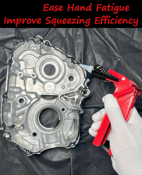 Industrial 2.5 Inch RTV Silicone Squeezer Tool For Automotive Repairs And HVAC Sealing Reduces Waste And Hand Fatigue Boosts Efficiency Heavy Duty Tube Grip For RTV Sealant Bead Control Durable Construction in use on engine part.
