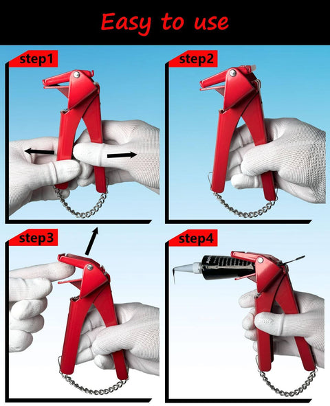Industrial 2.5 Inch RTV Silicone Squeezer Tool For Automotive Repairs And HVAC Sealing, step-by-step usage with gloves.
