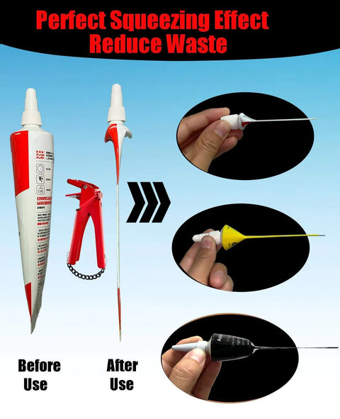 Tube Squeezer Tool For RTV Silicone Sealant Tubes, showing before and after use to reduce waste and ensure easy control extrusion