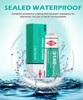 Clear One Part RTV Coating And Adhesive Sealant For Electronics 100ml Tube next to box, shown in water showcasing waterproof features.