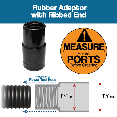 Keep your workshop clean and dust-free with this 10 Foot Dust Collection Hose Kit, ribbed rubber adaptor with size illustration.