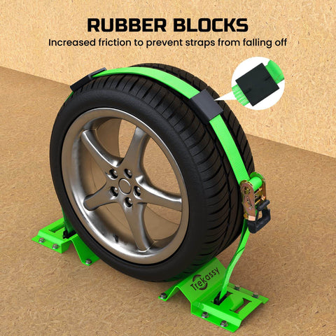 Heavy Duty E Track Wheel Chock Tie Down Kit With Rubber Blocks For ATV UTV And Lawn Mower Transport 4500Lb Break Strength