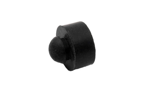 Close-up of a push-in rubber bumper with tight grip stem fits quarter inch hole for use in one sixteenth inch panel thickness, half inch diameter.