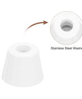 Close-up of a white rubber bumper foot with a stainless steel washer, part of an eight pack rubber bumper feet with stainless steel washers and M3x16 screws. Round pads furniture feet 0.55 inch high by 0.67 inch wide, non marking, corrosion resistant, ideal for furniture appliances electronics.