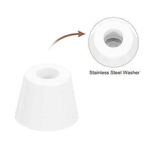 Close-up of a white rubber bumper foot with a stainless steel washer, part of an eight pack rubber bumper feet with stainless steel washers and M3x16 screws. Round pads furniture feet 0.55 inch high by 0.67 inch wide, non marking, corrosion resistant, ideal for furniture appliances electronics.