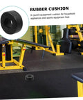 Four Pack Round Rubber Bumpers for Gym Equipment and Home Fitness Machines shown under a weight bench in a gym setting.