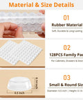 128 Pack Clear Rubber Cabinet Bumpers With Self Adhesive Silicone Pads for Cabinets Drawers and Doors, size details displayed