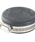 Close-up of 2-inch rubber cap with stainless steel hose clamp, replacement part for plumbing hoses and air lines ensures durable seal
