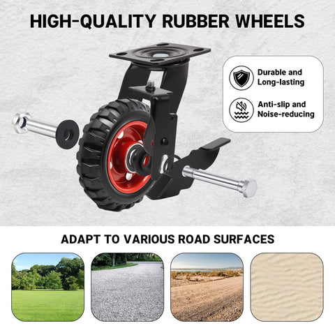 5 Inch Outdoor Heavy Duty Caster Wheels Set of 4 with Brakes displayed with durable rubber and steel design, adaptable to various surfaces