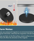 Image of rubber-coated mounting magnet with M5 threaded stud, shown with temperature warning and installation note.