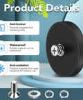 Close-up of rubber-coated mounting magnet with M5 threaded stud, screw spacer, washers; details show anti-broken, waterproof, anti-oxidation features