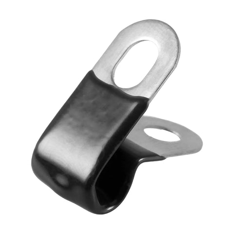 10 Pcs 3/16 Inch Brake Line Clips 304 Stainless Steel Rubber Coated Insulated Cable Clamps For Automotive Industrial Outdoor And Household Use Self Tapping Screws Included Durable Clamp For Secure Routing Of 3/16 Tube And Wires In Cars, front view showing metal and rubber details.