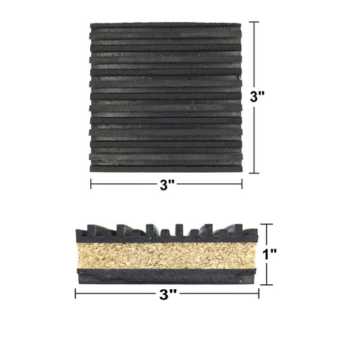 Four pack of rubber and cork vibration isolation pads, 3x3x7/8 in, dampen machine noise and protect flooring, ribbed design shown.