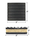 Four pack of rubber and cork vibration isolation pads that dampen machine noise and protect flooring, size 3x3x7/8 inches, 50 PSI.