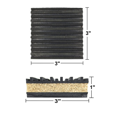Four pack of rubber and cork vibration isolation pads that dampen machine noise and protect flooring, size 3x3x7/8 inches, 50 PSI.